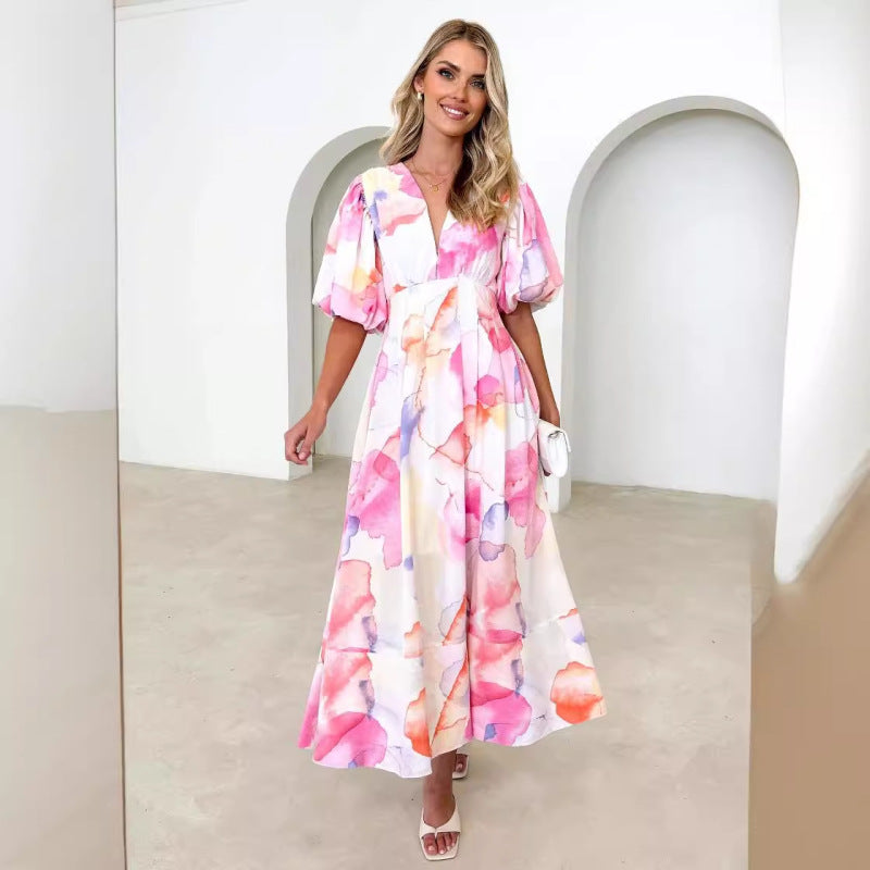 Women's Vacation Casual Floral Print Puff Sleeve Maxi Dress