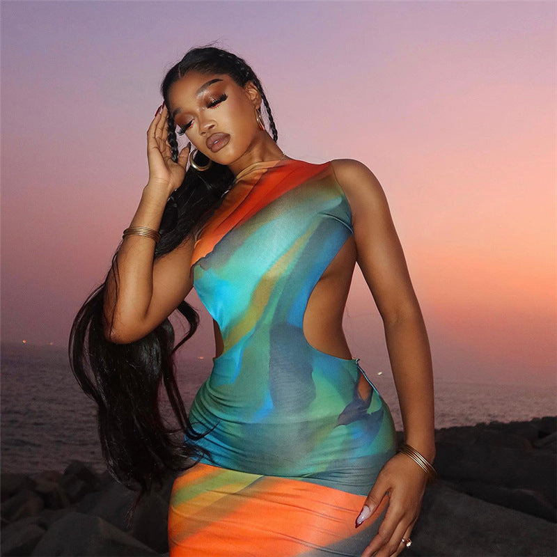 Women's Summer Printed Round Neck Sleeveless Cutout Backless Tight Maxi Dress