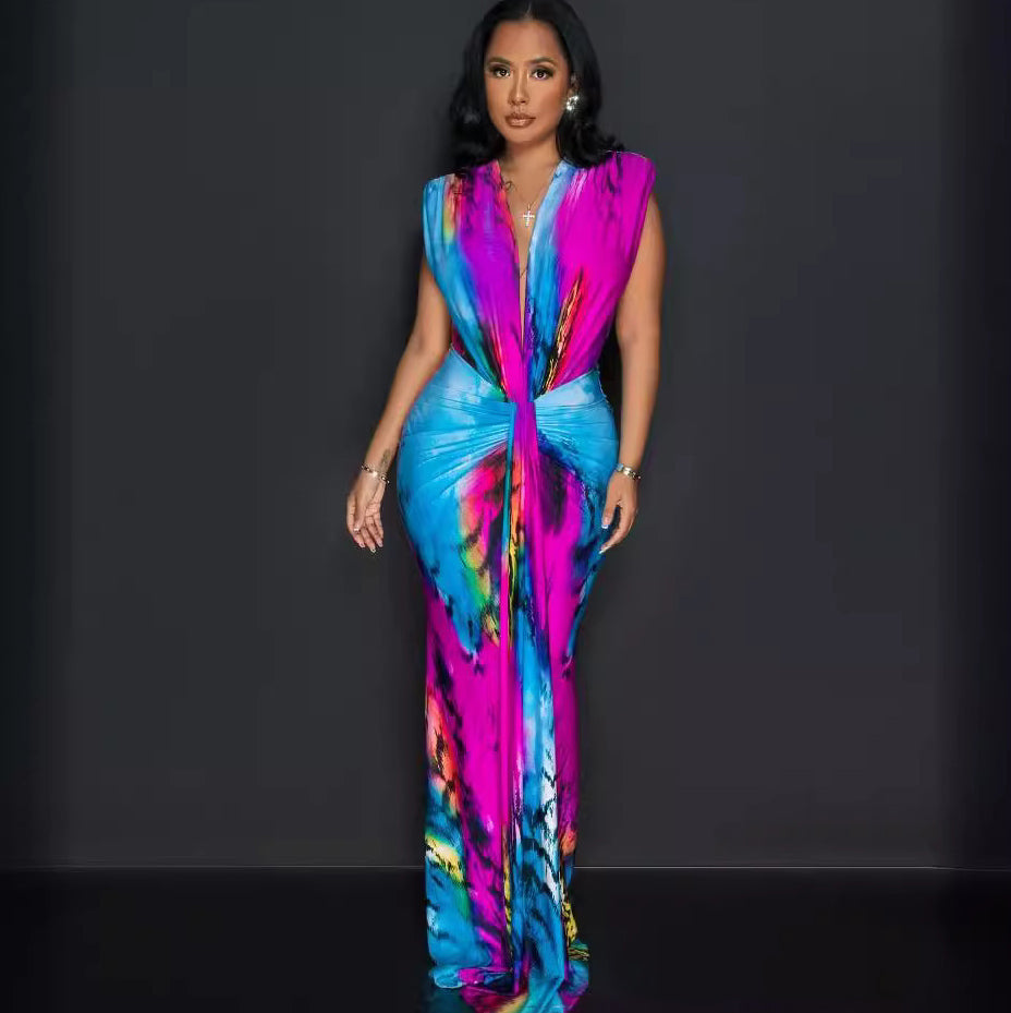 Women's Summer Sexy V-Neck Color Block Print Slim-Fit Maxi Dress