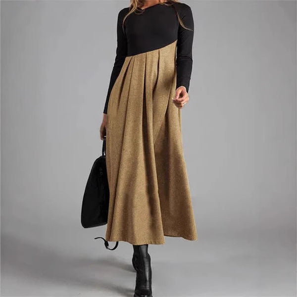 Women's Autumn and Contrast Color Woolen V-Neck Long Sleeve Stitching Dress