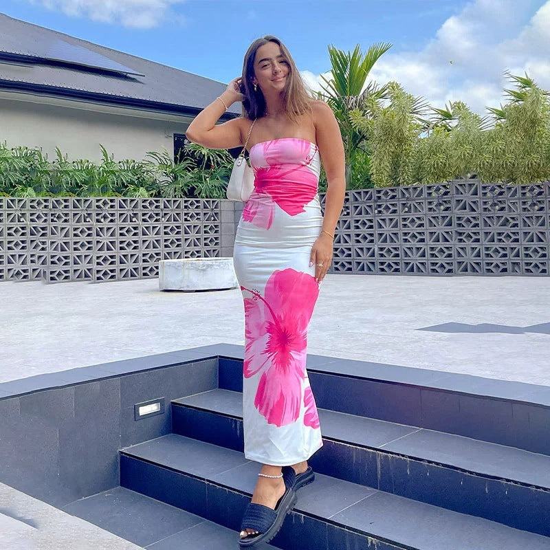 Women's Sexy Hanging Print Tube Top Bodycon Maxi Dress