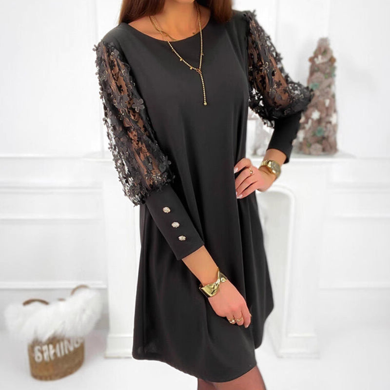 Women's Casual Solid Color Lace Hollow Long Sleeve Dress