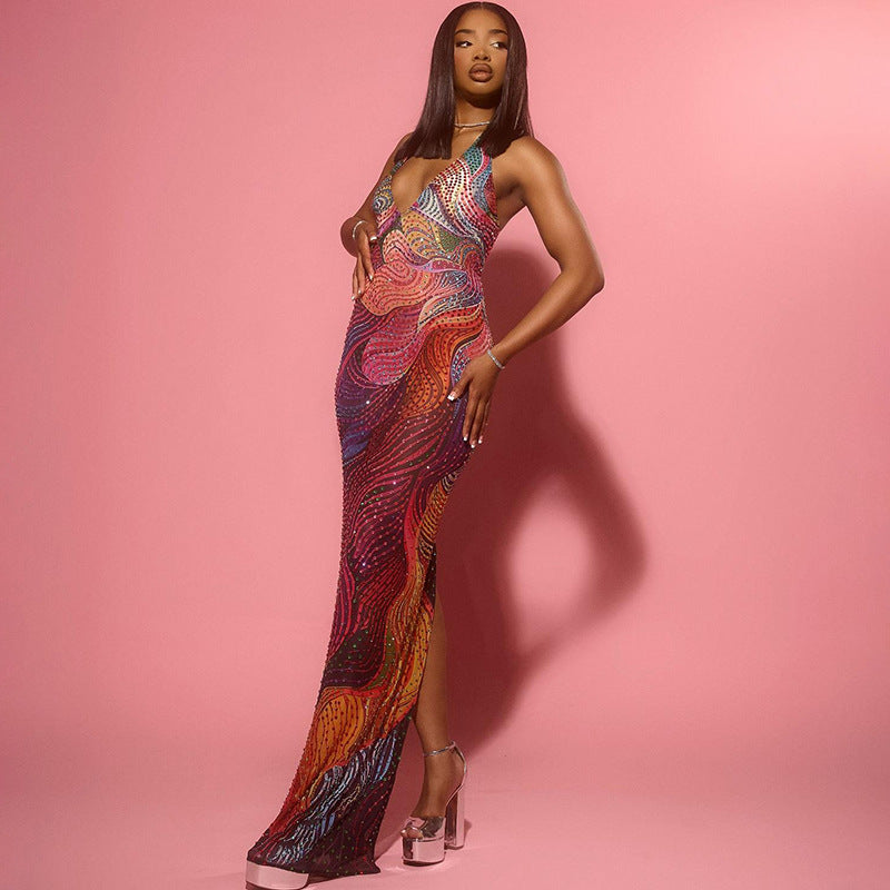 Women's Sexy Halter-Neck Backless Split Maxi Dress-Color, Block Slim-Fit