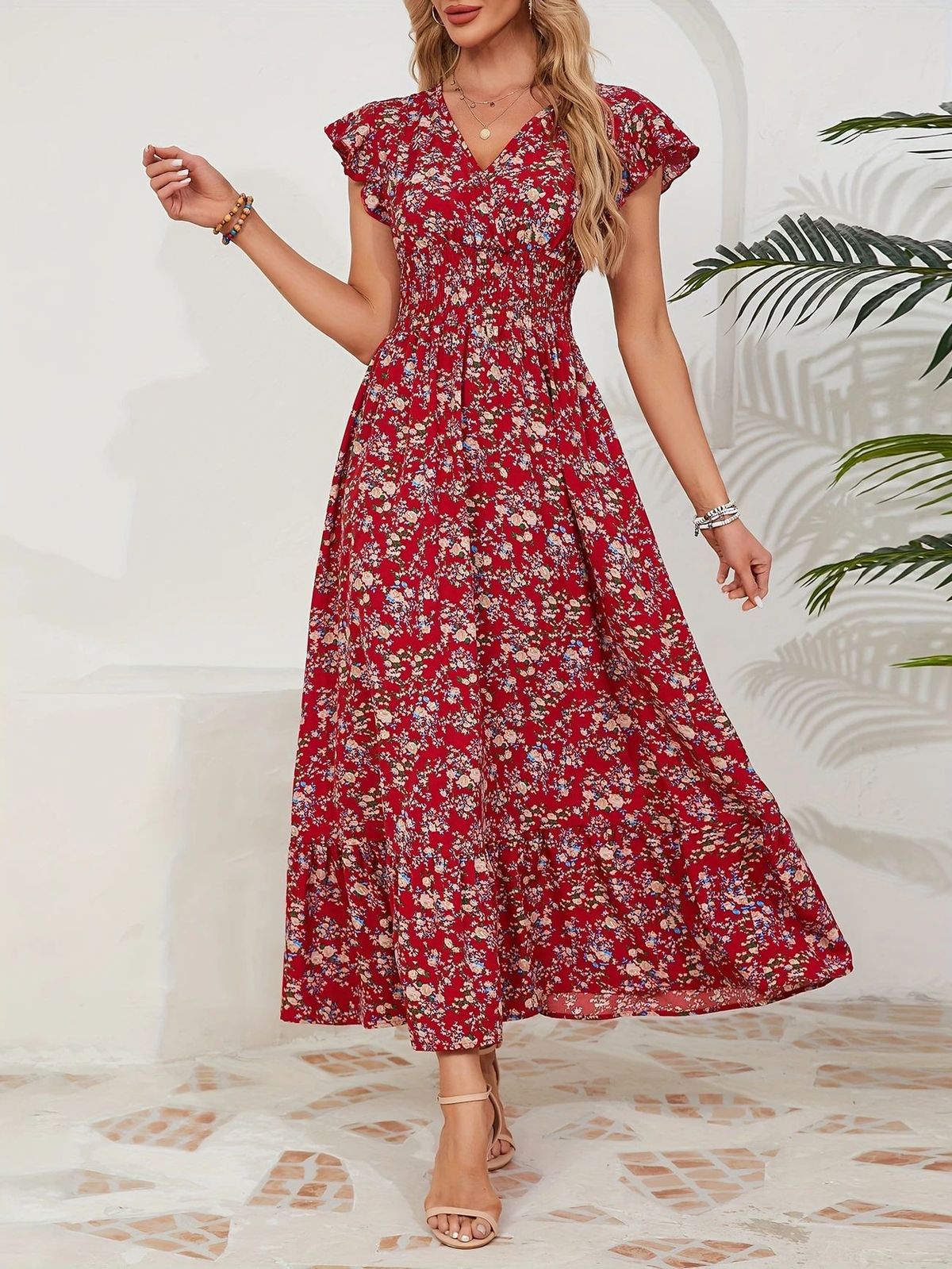 Women's Casual Summer Flower Print V-Neck Short Sleeve A-Line Loose Dress