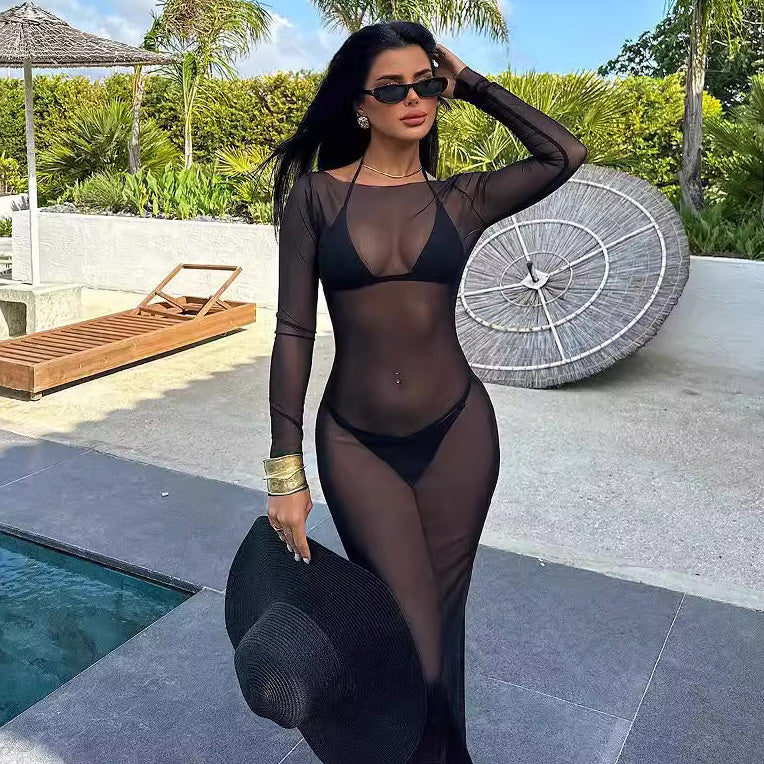 Women's Sexy Mesh Perspective Long Sleeve Slim-Fit Maxi Dress
