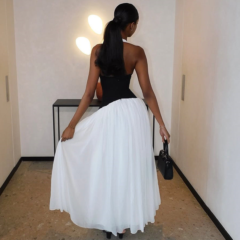 Women's Black White Stitching Halter Maxi Dress