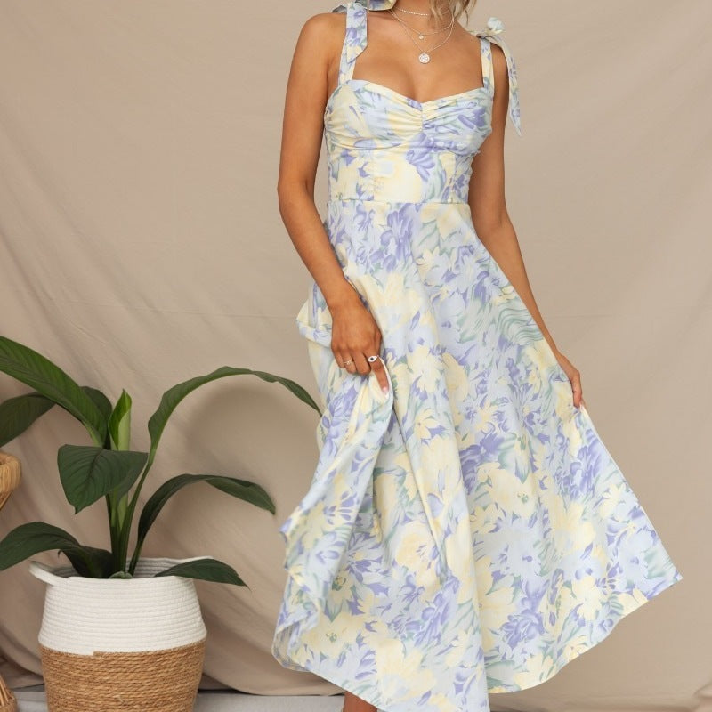 Women's Elegant Floral Lace-Up Sleeveless Long Dress