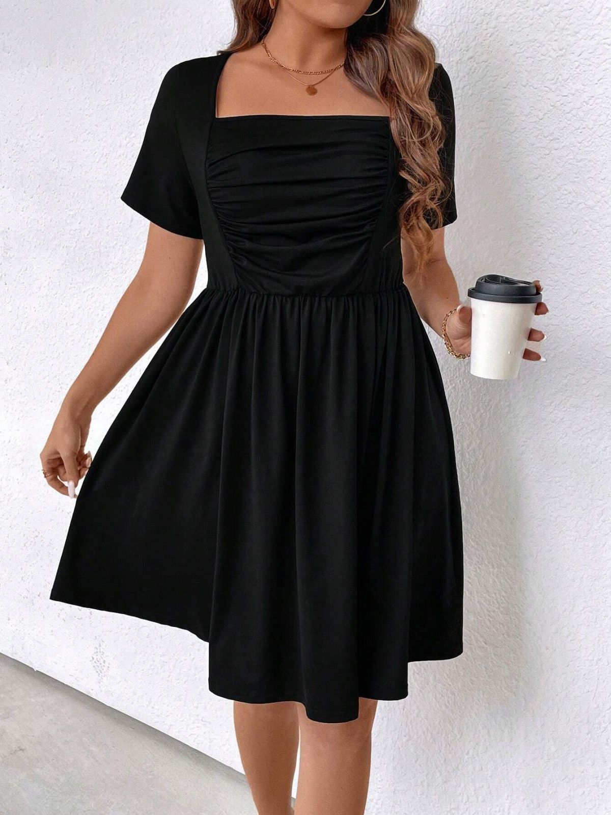 Women's Plus Size Square Collar Defined Waist Dress, Elegant Solid