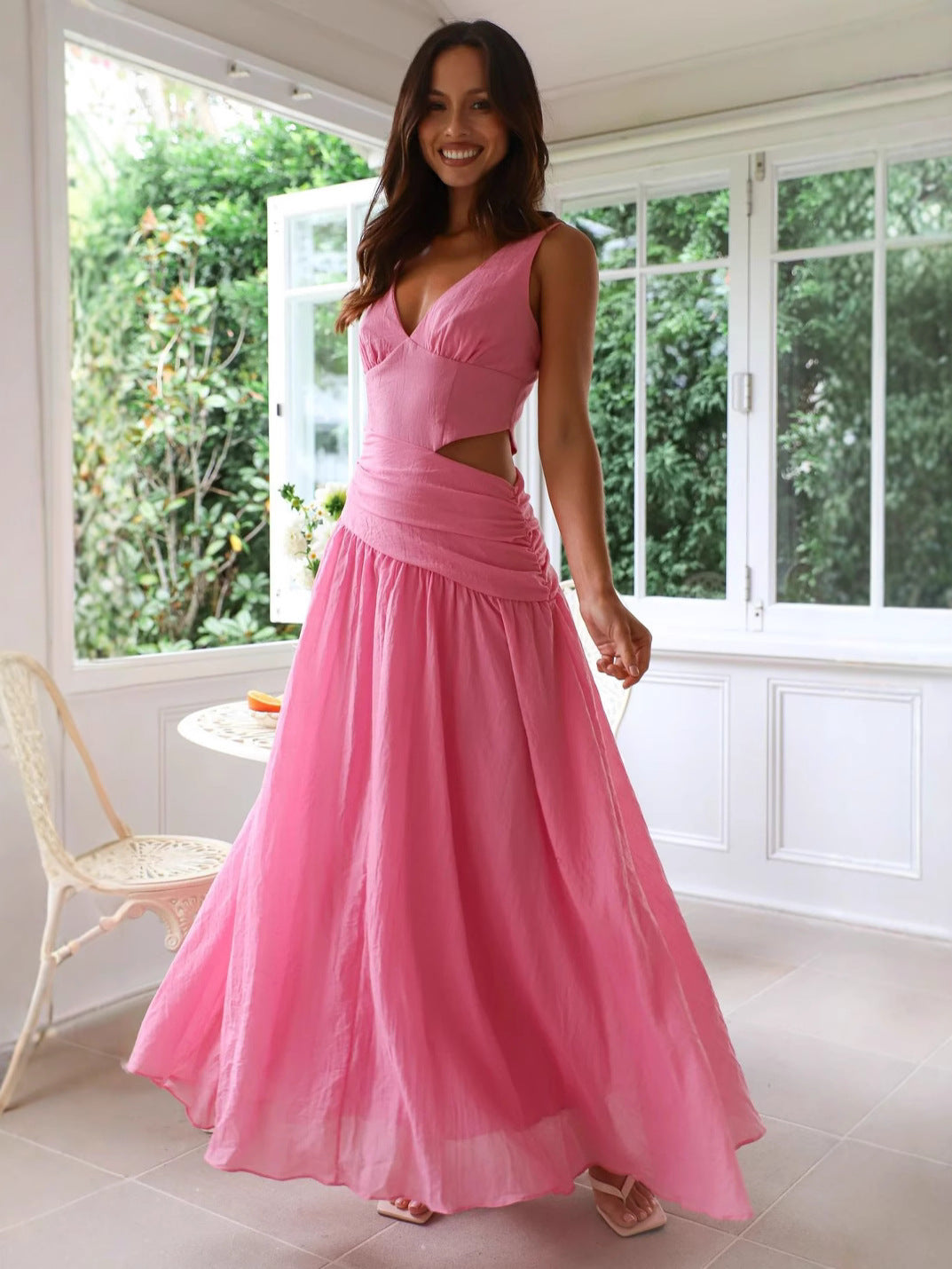 Women's Sexy Solid Color Stitching V-Neck Sleeveless Loose Midi Dress