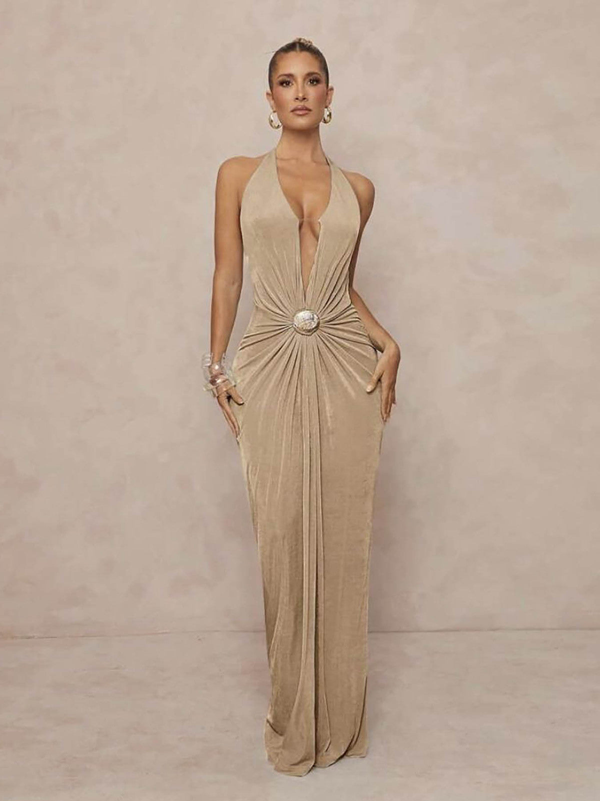 Women's Sexy Solid Color V-Neck Halter-Neck Backless Dress