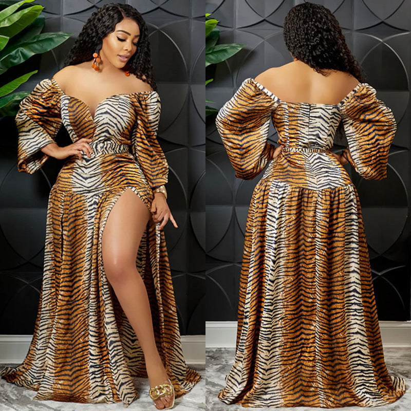 Women's Plus Size Leopard Tiger Printed V-Neck Off Shoulder Irregular Maxi Dress