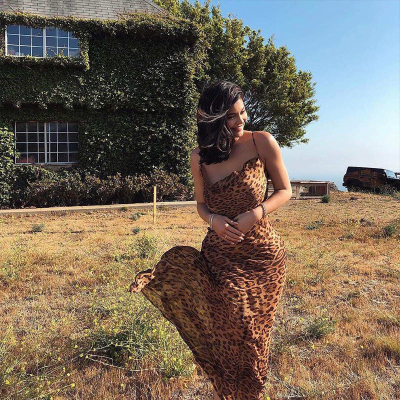 Women's Sexy Leopard Print Chiffon Sling Style Maxi Dress