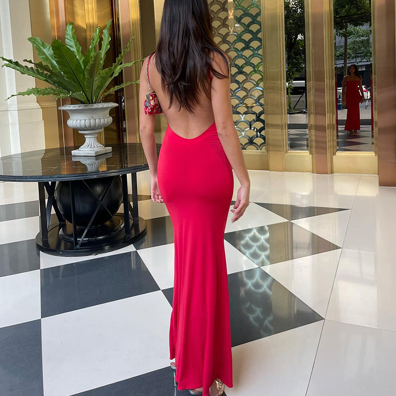 Women's Sexy Simple Solid Color Strap Backless Dress