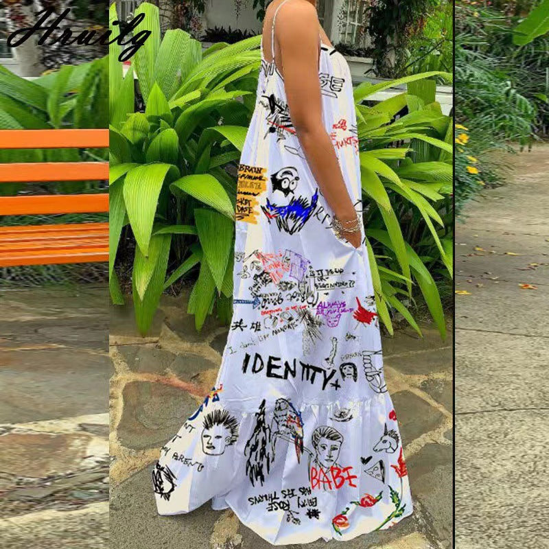 Women's Summer Casual Vintage Graffiti Print Sling Maxi Dress