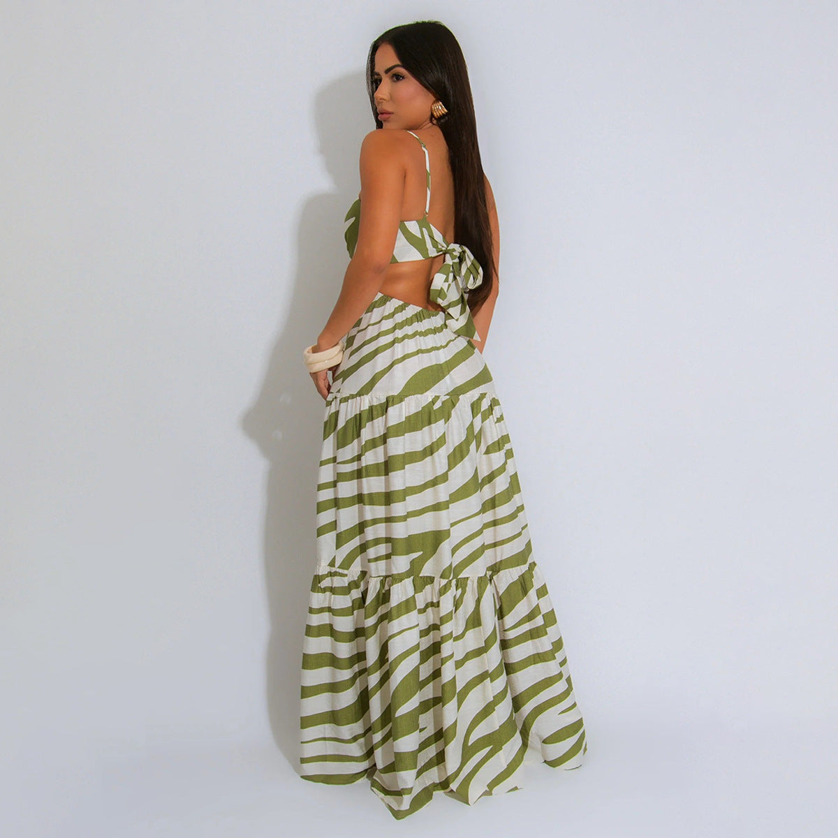Women's Sexy Stripe Printed Spaghetti Strap Backless Loose Dress