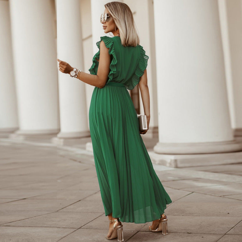 Women's Elegant Office V-Neck Sleeveless Chiffon Solid Color Loose Pleated Dress