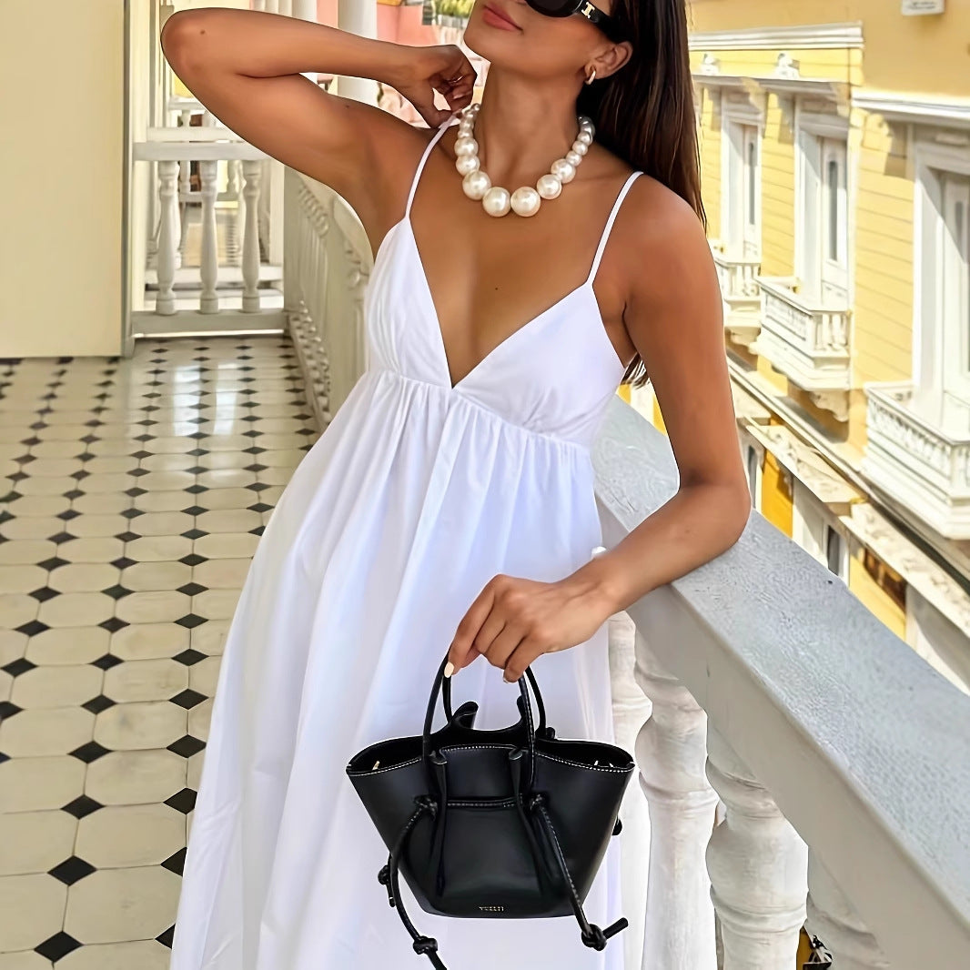 Women's Vacation Solid Color Sling V-Neck Loose A-Line Maxi Dress