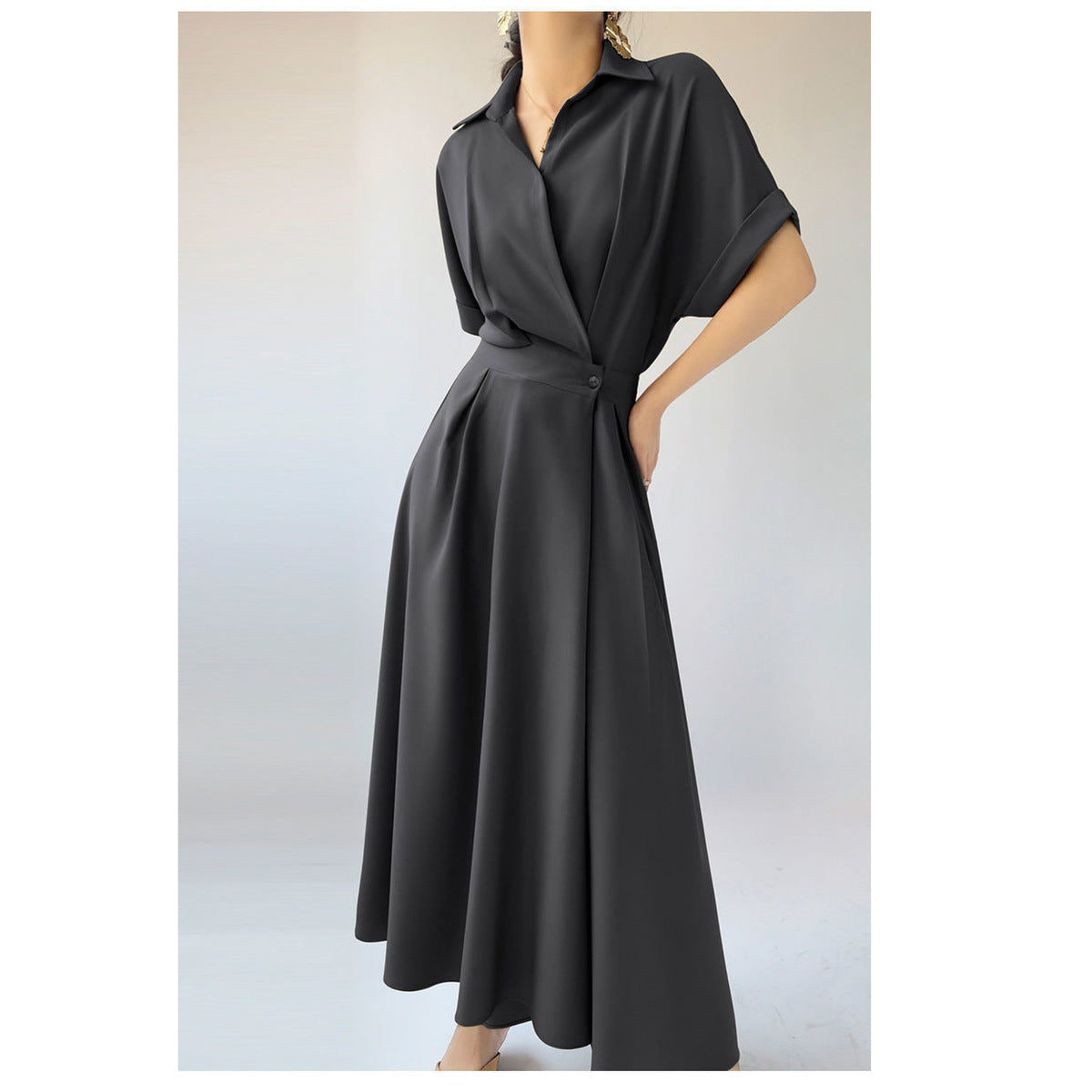 Women's Casual Summer Office Solid Color Lapel Short Sleeve Loose Dress