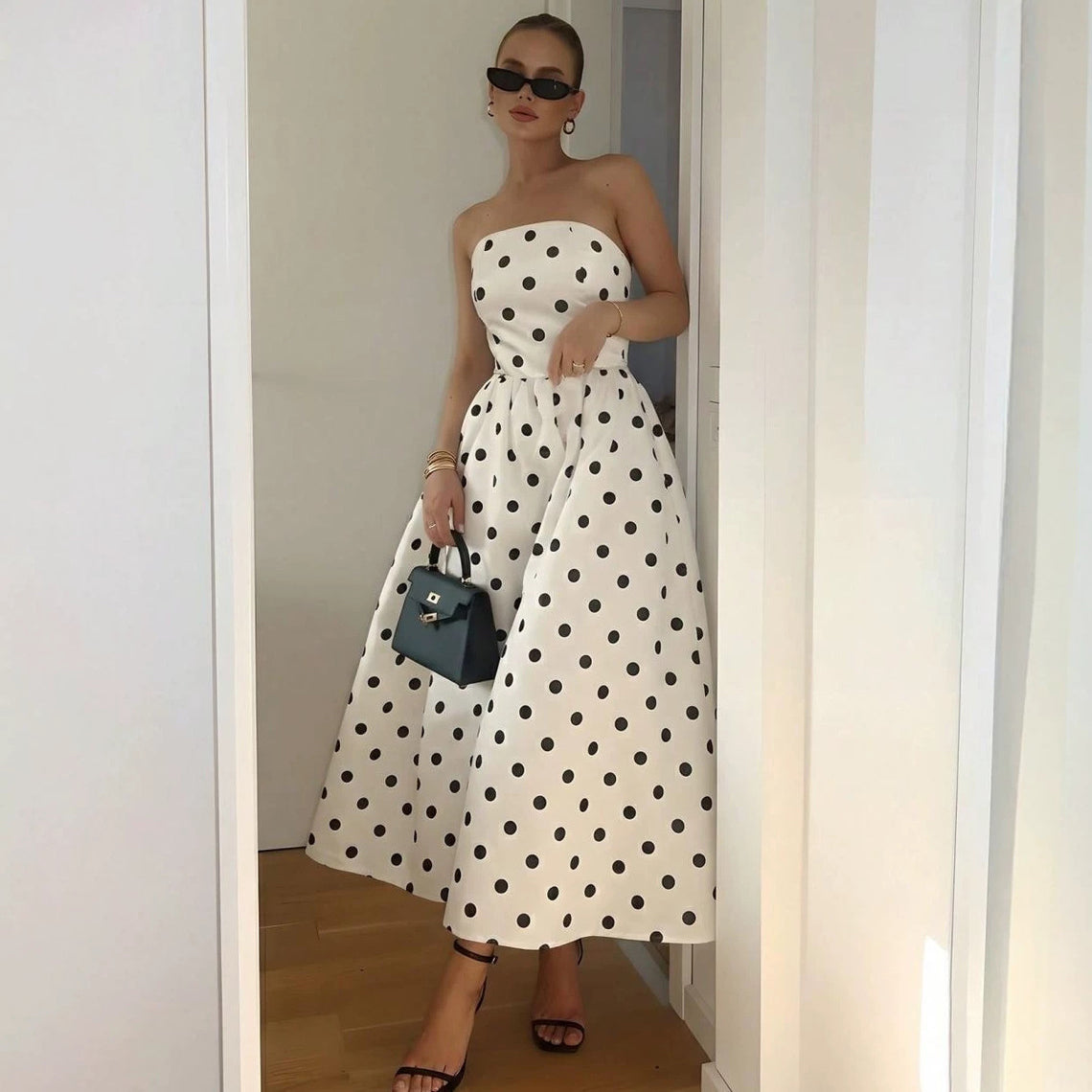 Women's Elegant Polka Dot Print Tube Top Sleeveless A-Line Dress