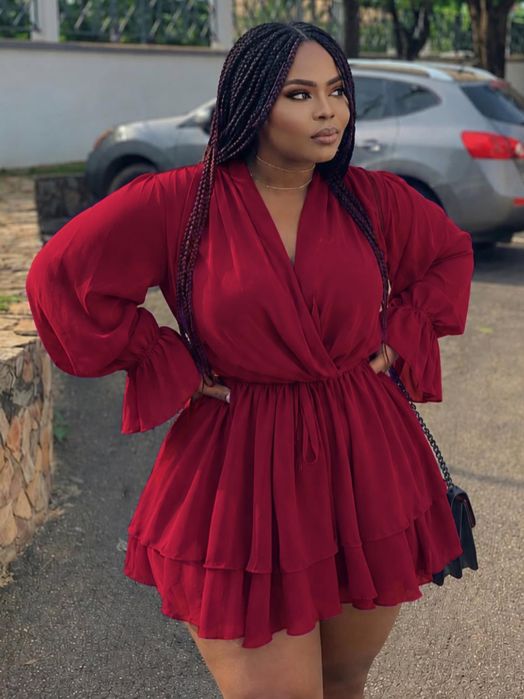 Women's Plus Size Solid Color V-Neck Long Sleeve Lace-Up Waist Multi Layer Dress
