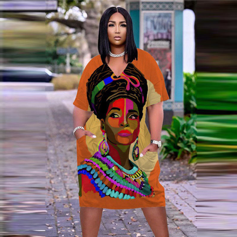Women's Multicolor Human Avatar Printed V-Neck Short Sleeve Mid-Length Dress