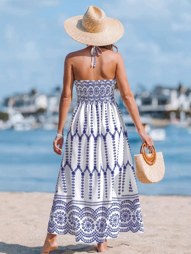 Women's Summer Boho Vacation Print Halter-Neck Lace-Up Split Dress