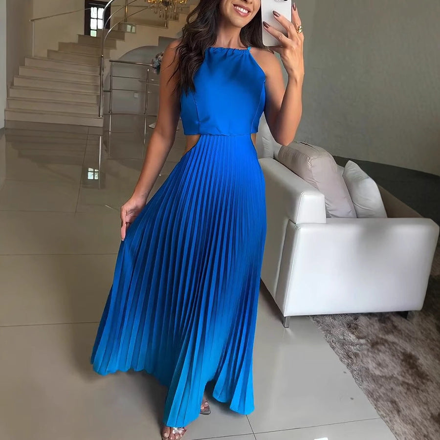 Women's Sexy Gradient Pleated Sleeveless Backless Loose Maxi Dress