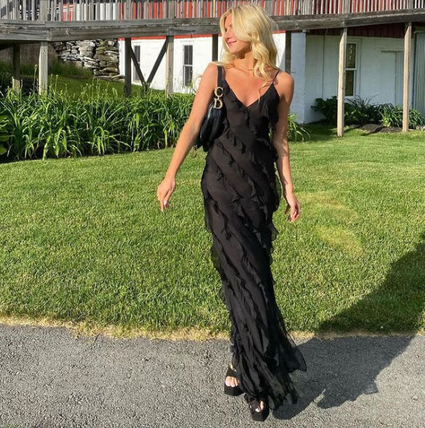 Women's Sexy Solid Color Spaghetti Strap Ruffled Dress