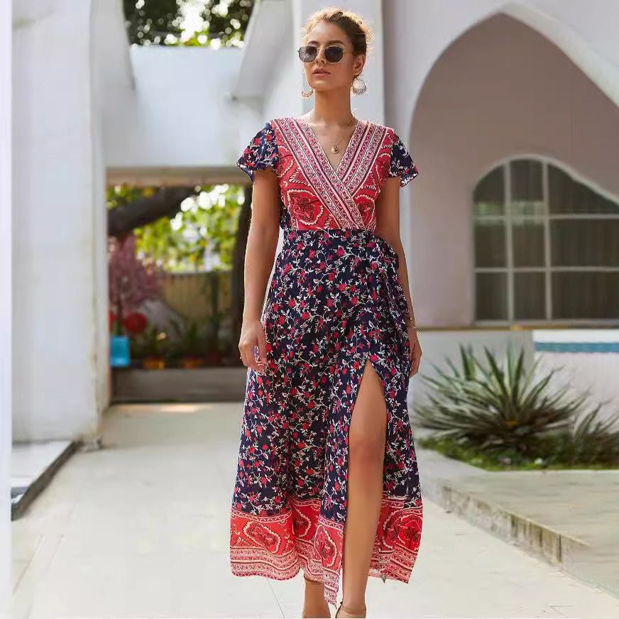 Women's Casual Boho Print V-Neck Short Sleeve Loose Dress