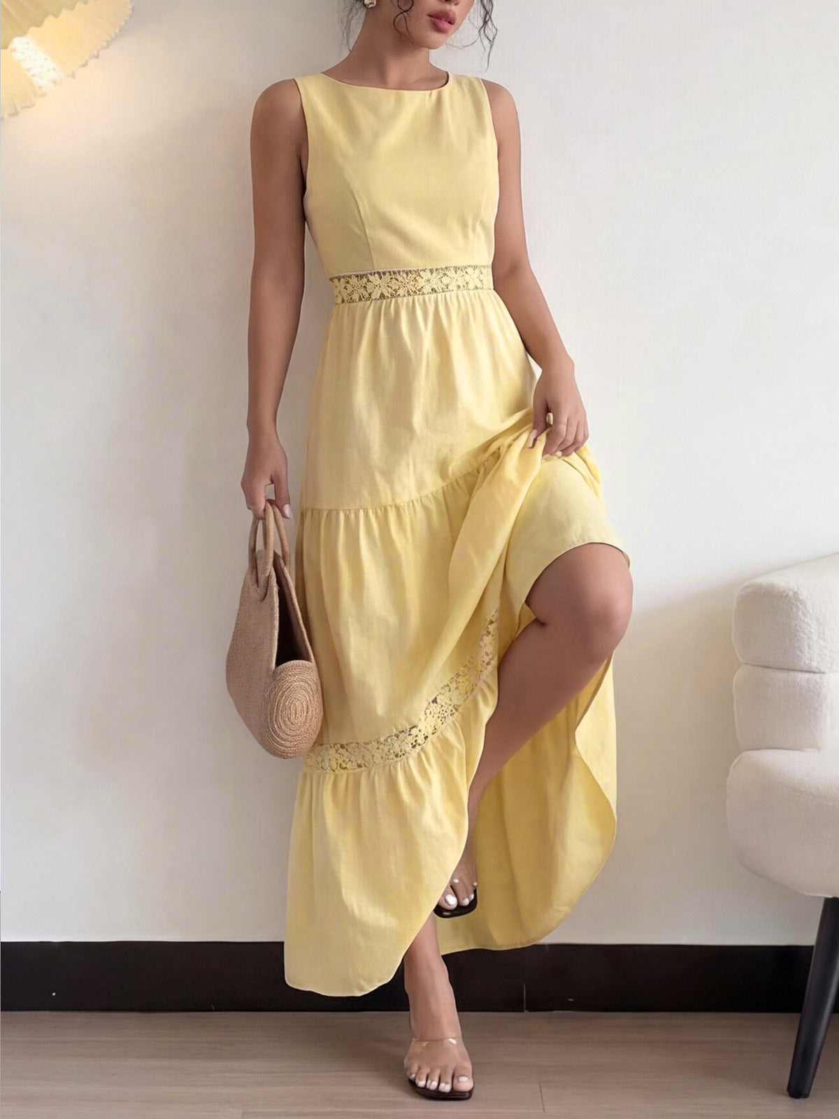 Women's Casual Spring and Summer Solid Color Sleeveless Lace-Up A-Line Dress