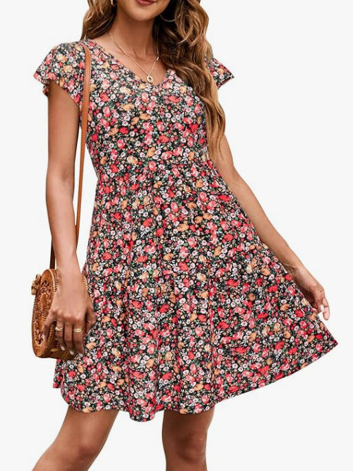 Women's Summer Casual Tiny Flower Print V-Neck Mini Floral Dress