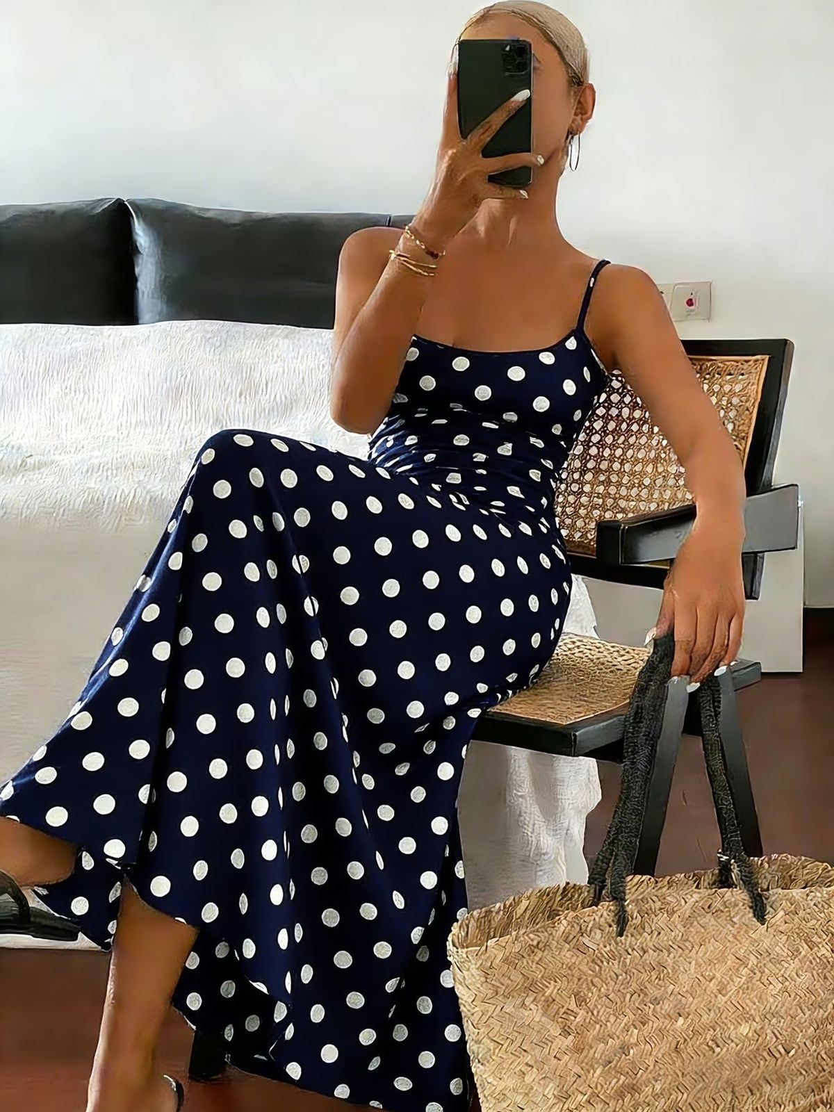 Women's Elegant Polo Dot Print Maxi Dress