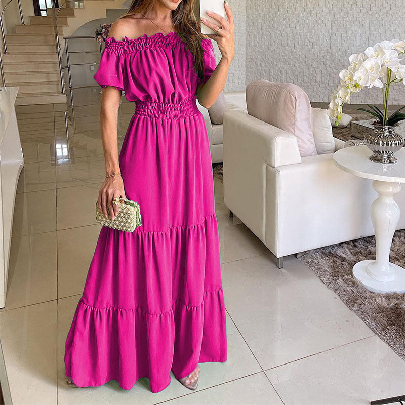 Women's Summer Vacation Casual Solid Color Off Shoulder Bubble Sleeve Maxi Dress