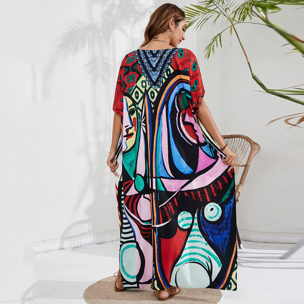 Women's Casual Tie-Dye Beach Short Sleeve Loose Swimsuit Cover-Ups