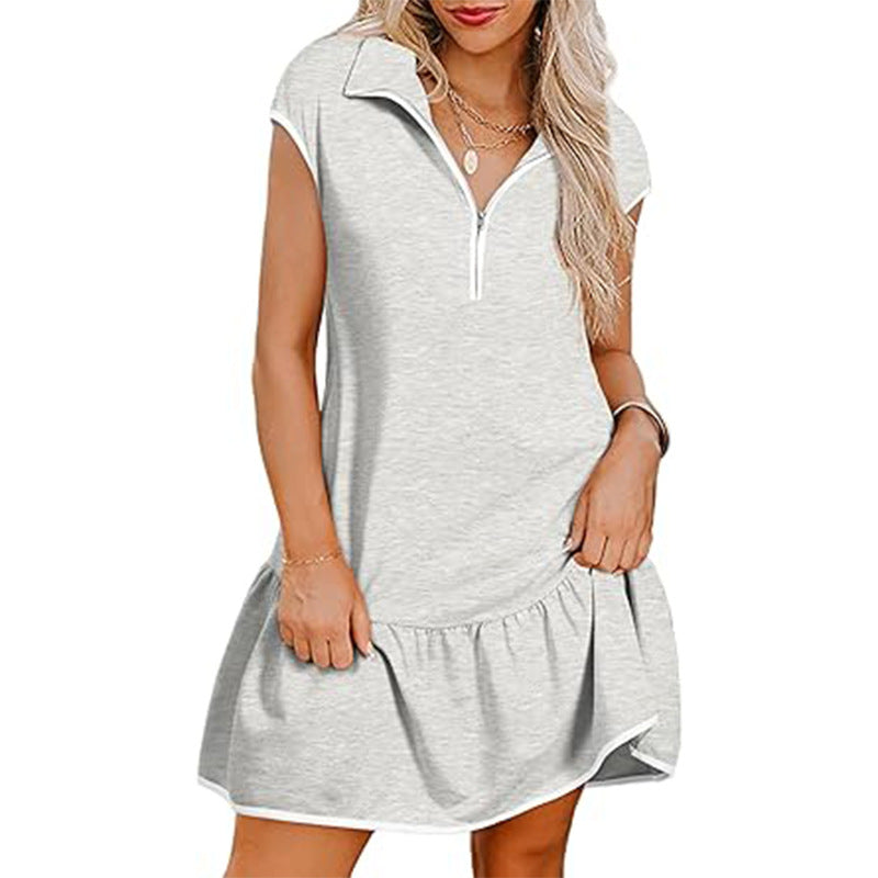 Women's Casual Color Block Short Sleeve Zipper Pullover Dress