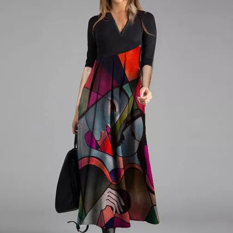 Women's Casual Geometric Print Maxi Dress, with V-Neck