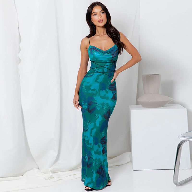 Women's Sexy Floral Print Backless Lace-Up Sling Bodycon Maxi Dress