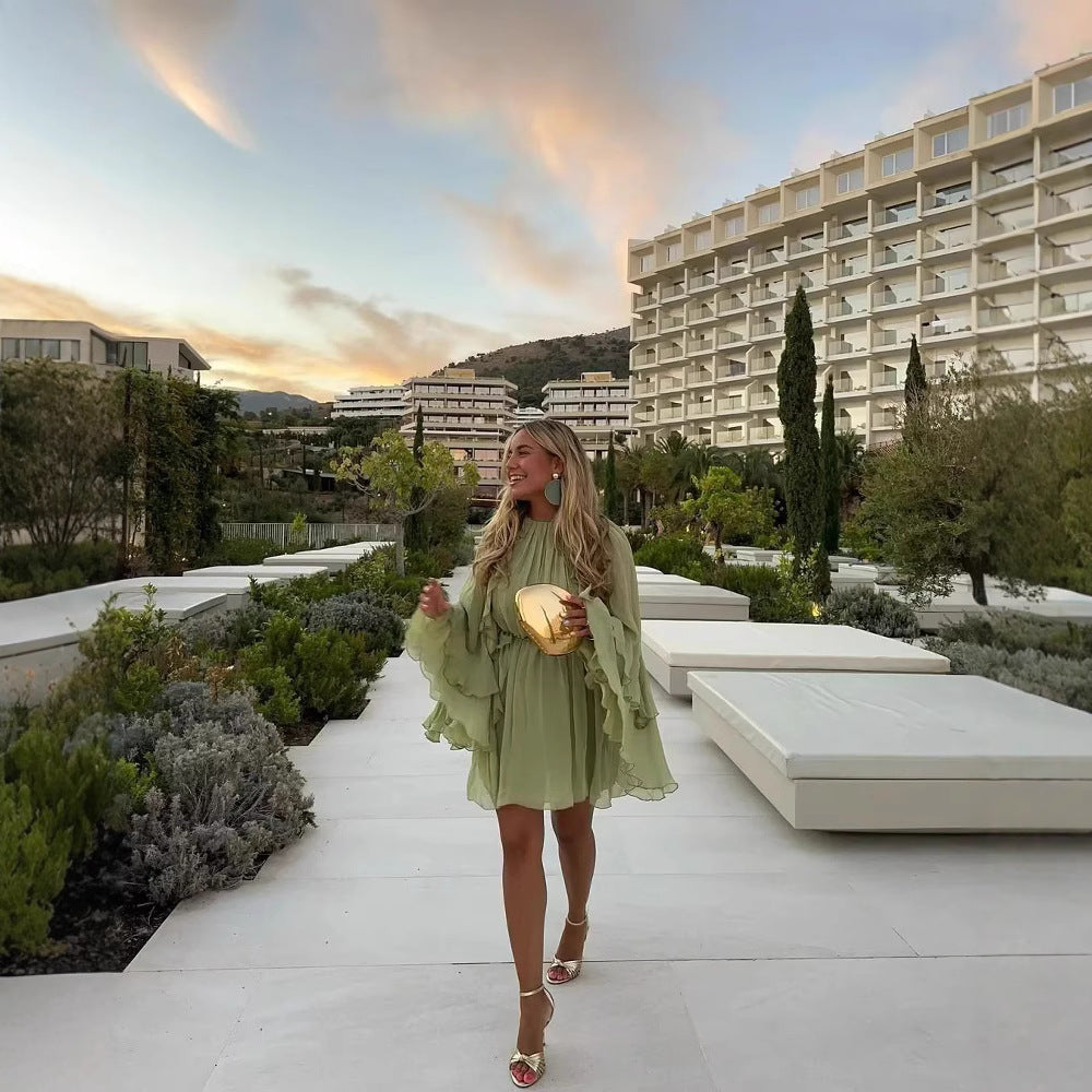 Women's Summer Beach Vacation Solid Color Long Sleeve Ruffled Mini Dress