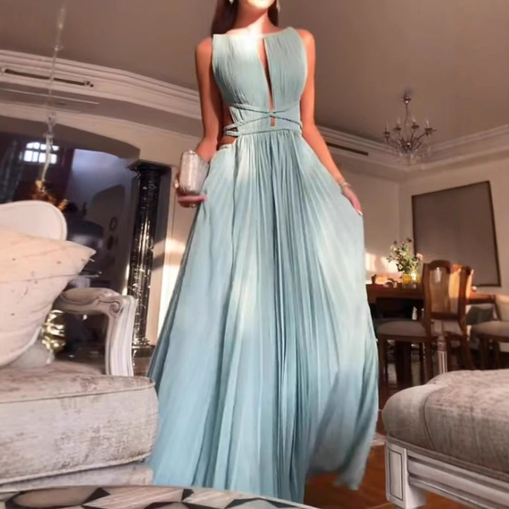 Women's Sexy Solid Color Pleated Lace-Up Sleeveless Backless Slim-Fit Maxi Dress