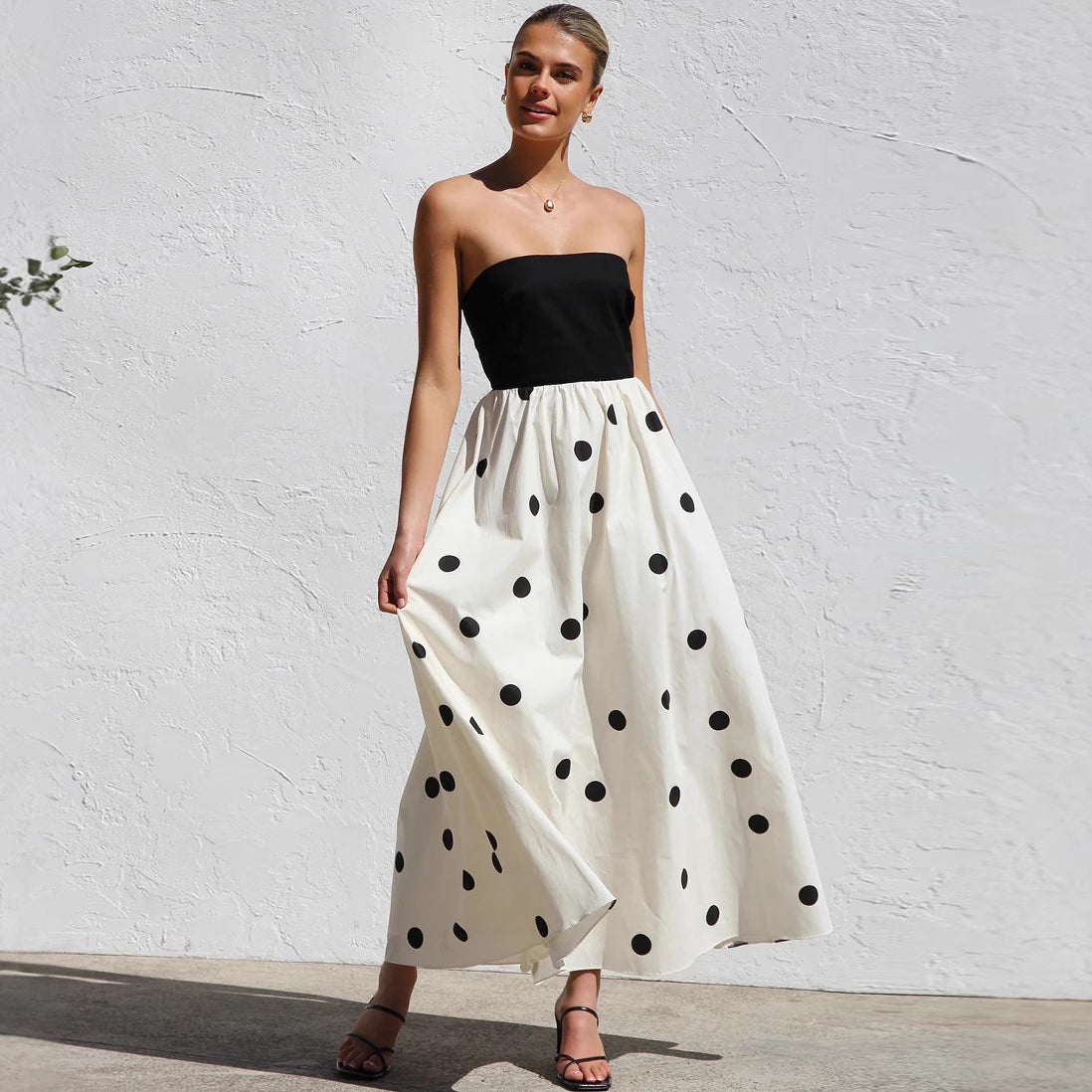 Women's Wave Dot Printing Stitching Tube Top Temperament Maxi Dress