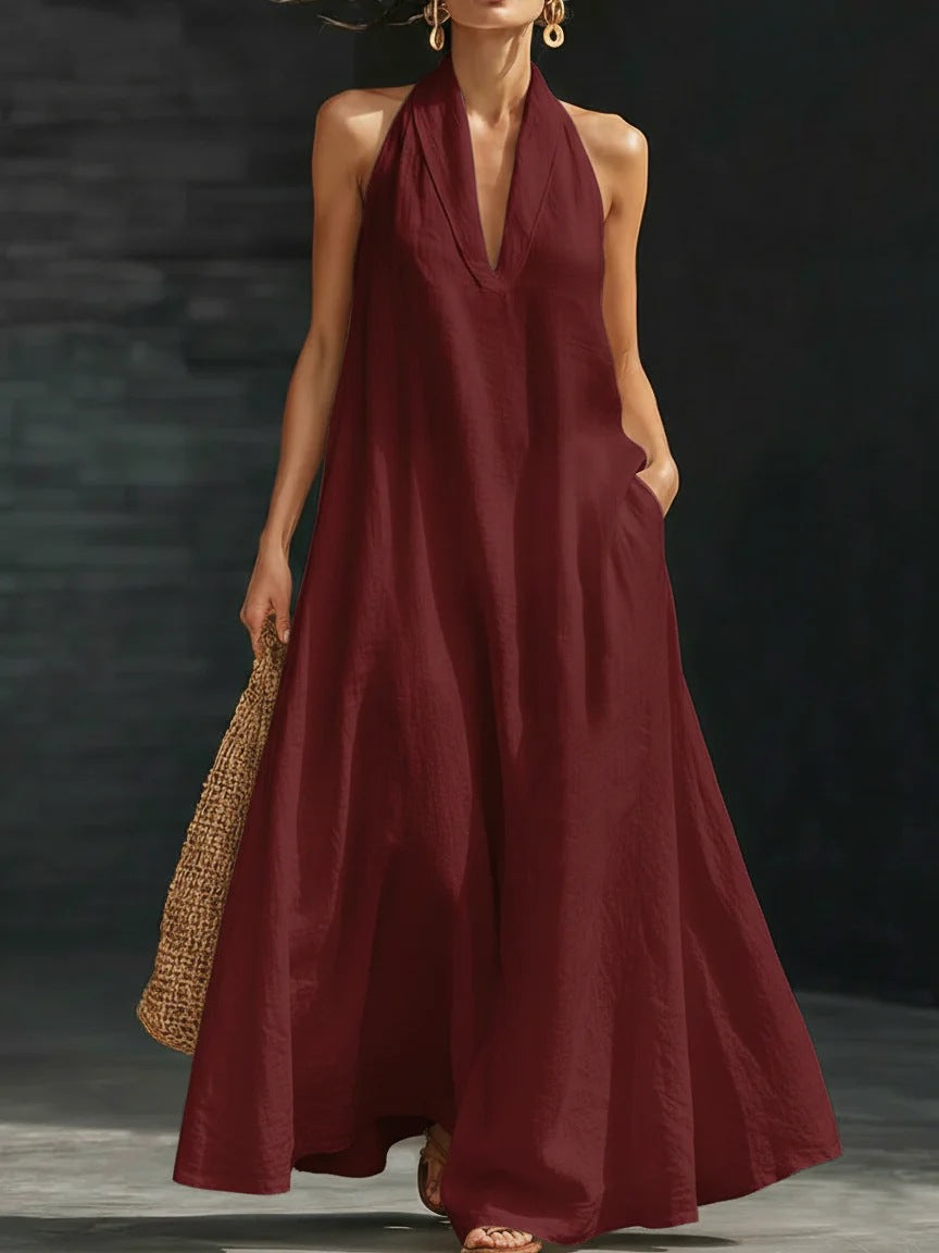Women's Casual Summer Solid Color V-Neck Halter-Neck Loose Dress