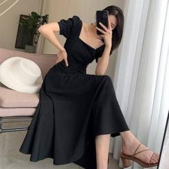 Women's Elegant Black Square Neck Short Sleeve Swing Midi Dress