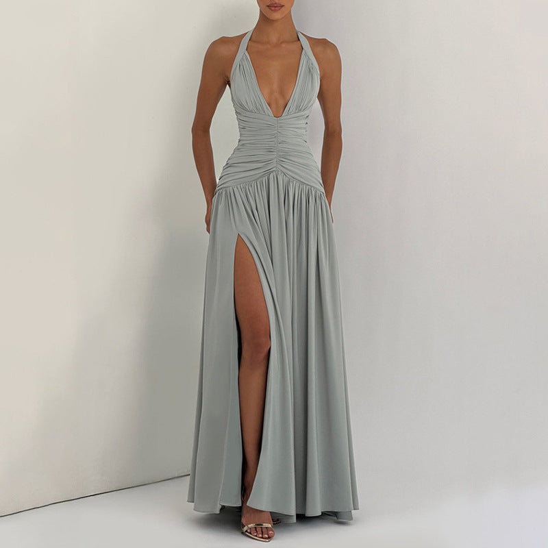 Women's Summer Solid Color V-Neck Halter-Neck Pleated Split Fit A-Line Dress