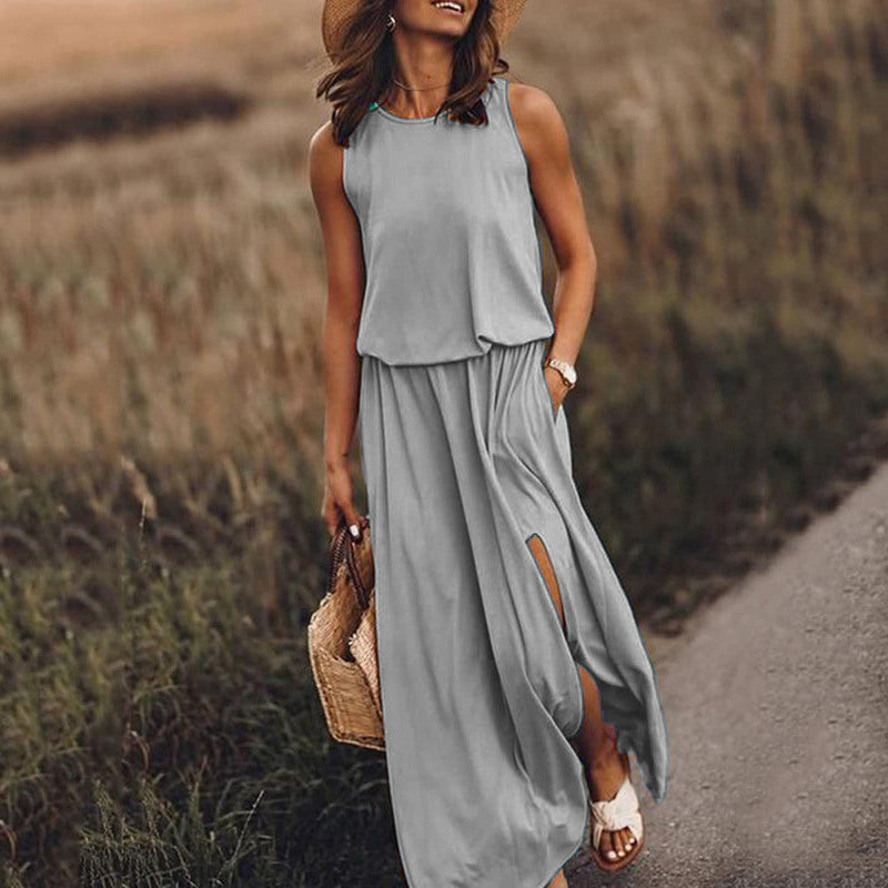 Women's Summer Casual Round Neck Sleeveless Side-Slit Solid Color Long Dress