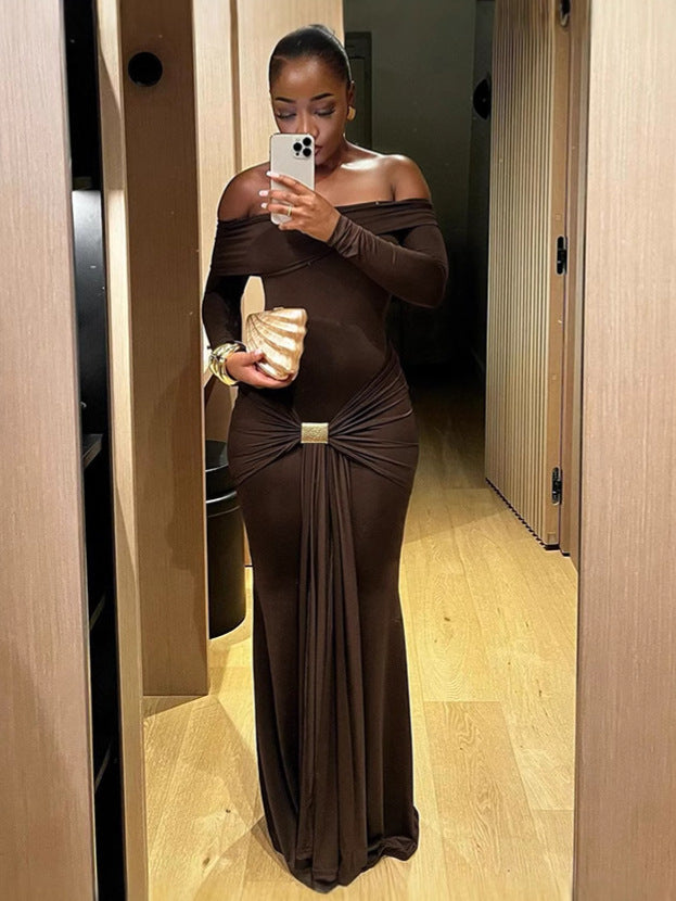 Women's Elegant Off-Shoulder Solid Color Long Sleeve Bodycon Maxi Dress
