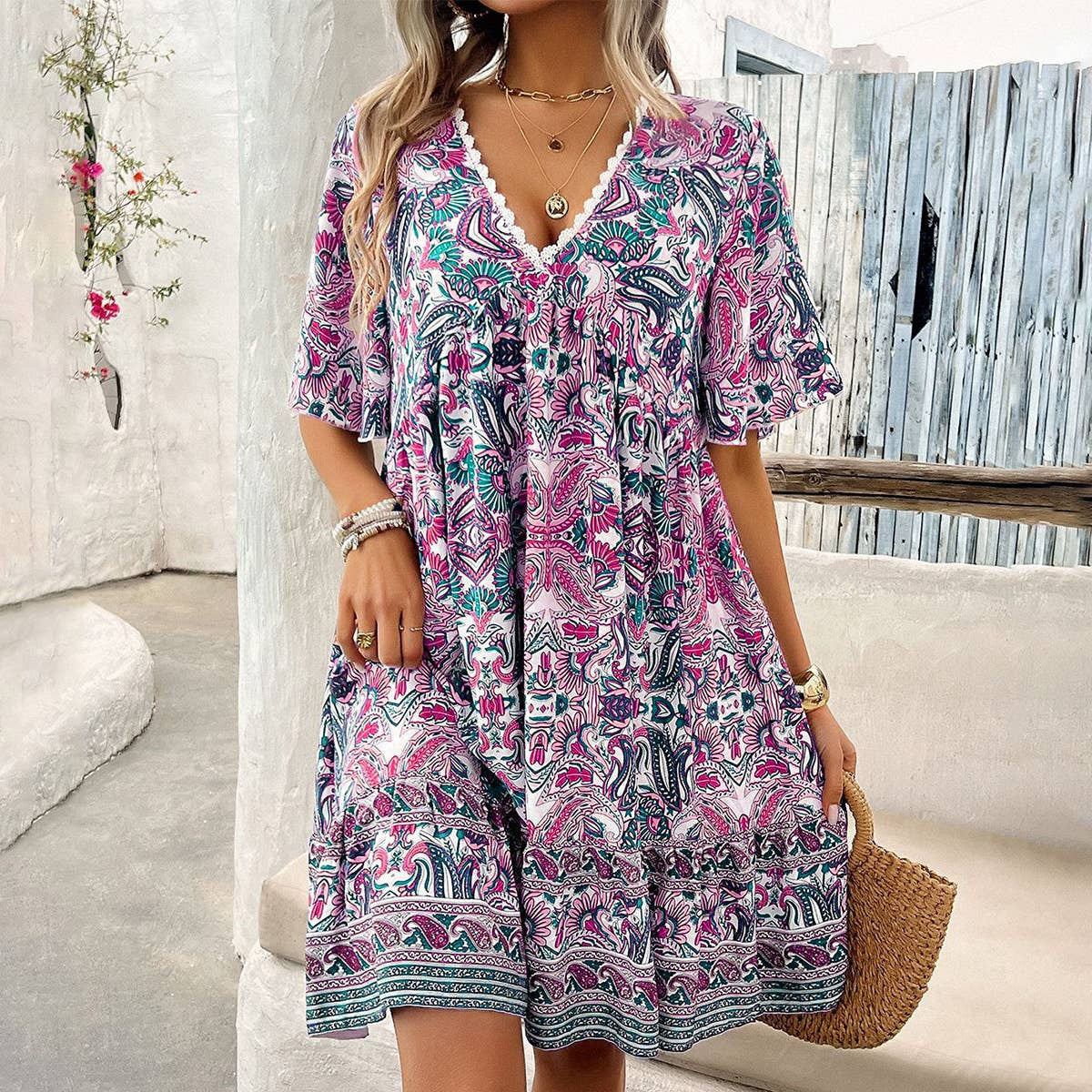 Women's Casual Boho Vacation Printed V-Neck Short Sleeve Loose Dress