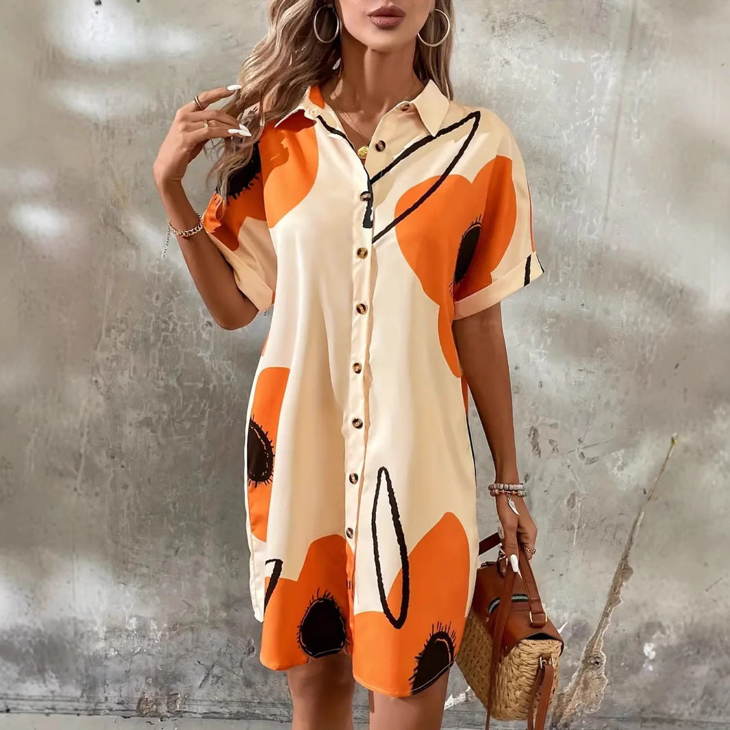 Women's Casual Printed Lapel Short Sleeve Loose Cardigan Dress
