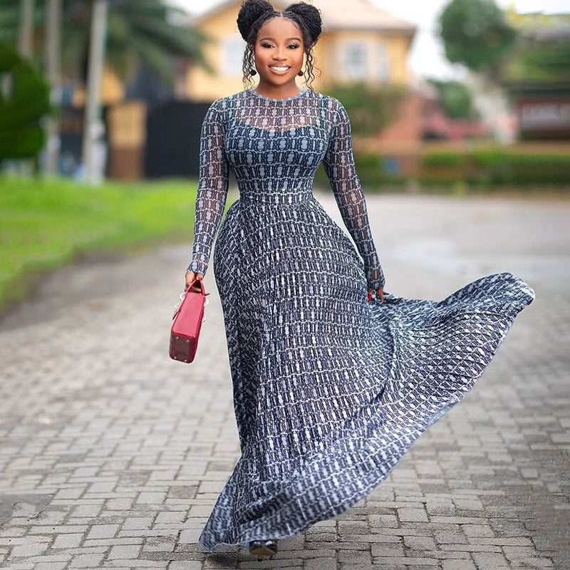 Women's Printed Micro-Transparent Round Neck Long Sleeve Tight Waist Dress