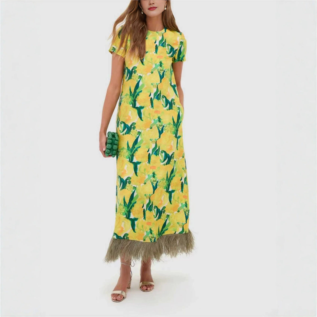 Women's Spring and Positioning Printed Feather Stitching Short Sleeve Dress