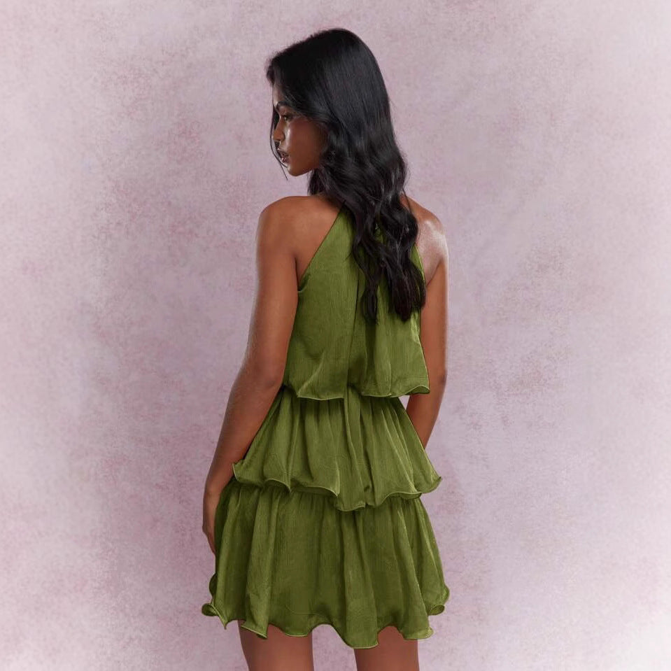 Women's Summer Solid Color Mesh Halter Neck Sleeveless Multi-Layer Ruffled Dress
